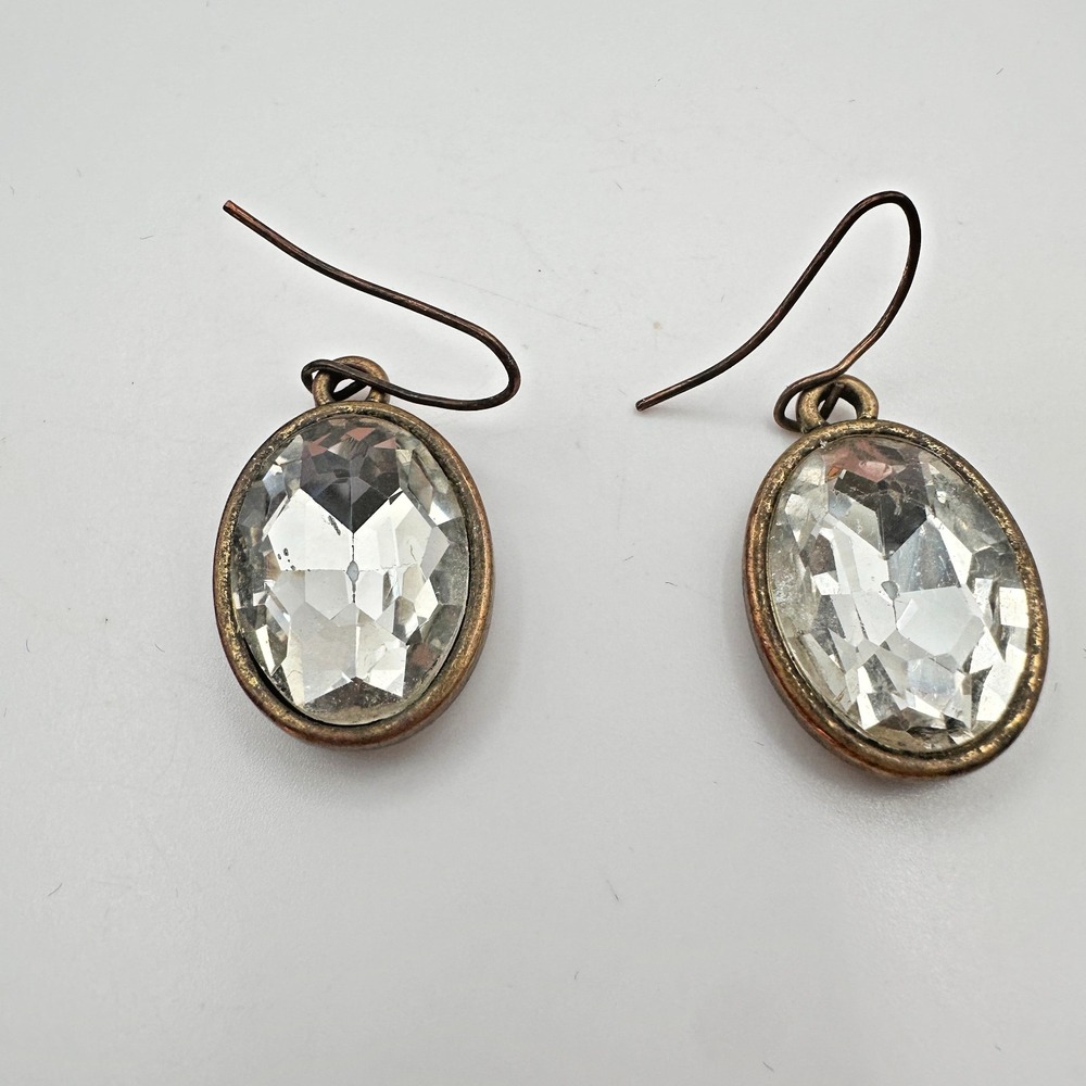 Vintage 90s Bronze Clear Oval Glass Drop Dangle Earrings